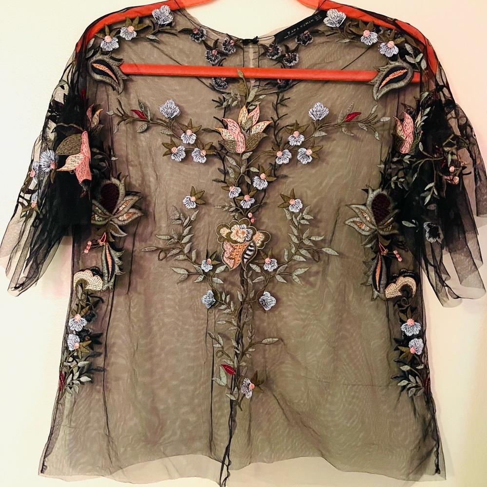 Zara Women's Black See Through Embroidered Flower Blouse Size XS